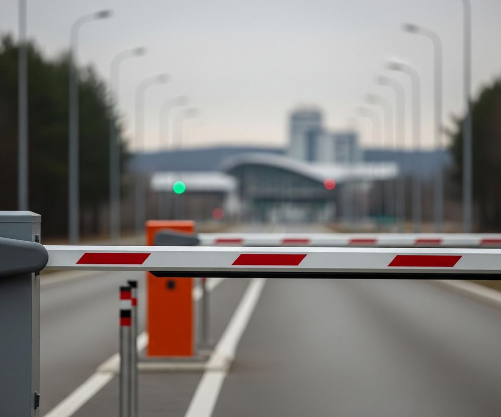 Na pierwszym planie, po lewej stronie, znajduje się szary słupek szlabanu z mechanizmem blokującym ramię. Biało-czerwone ramię szlabanu, ozdobione ukośnymi pasami, jest opuszczone i rozciąga się w poprzek asfaltowej drogi z białymi pasami. W tle, po prawej stronie drogi, widać pomarańczową budkę lub automat, a dalej liczne słupy oświetleniowe i drzewa. W oddali, rozmyte, majaczą budynki i dwie kolorowe diody – zielona po lewej i czerwona po prawej.