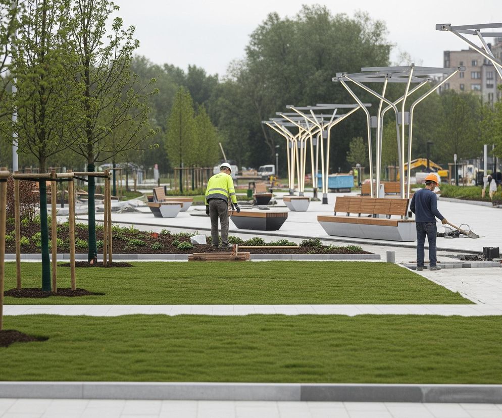 Czterech mężczyzn, ubranych w odzież roboczą z kamizelkami odblaskowymi i kaskami ochronnymi, pracuje w nowoczesnym parku miejskim. Po lewej stronie widać dwa rzędy młodych drzewek z zielonymi liśćmi, opartych na drewnianych konstrukcjach, rosnących na świeżo zasadzonej trawie. Wzdłuż alei, po prawej stronie od trawnika, ustawione są rzędy nowoczesnych, świecących lamp parkowych przypominających swoim kształtem drzewa, oraz drewniane ławki z szarymi podstawami. W tle widoczne są inne drzewa, budynki miejskie oraz sprzęt budowlany, co sugeruje, że park jest w fazie budowy lub renowacji.