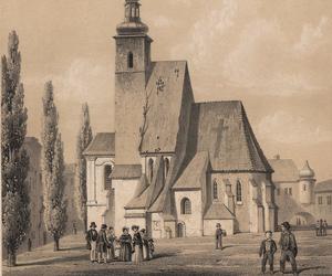 Wyburzony w latach 1846-1852 kościół farny św. Michała Archanioła na litografii z I poł. XIX wieku.