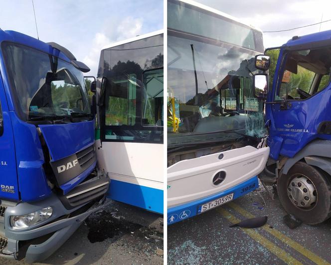 Wypadek autobusu z tirem w Rybniku