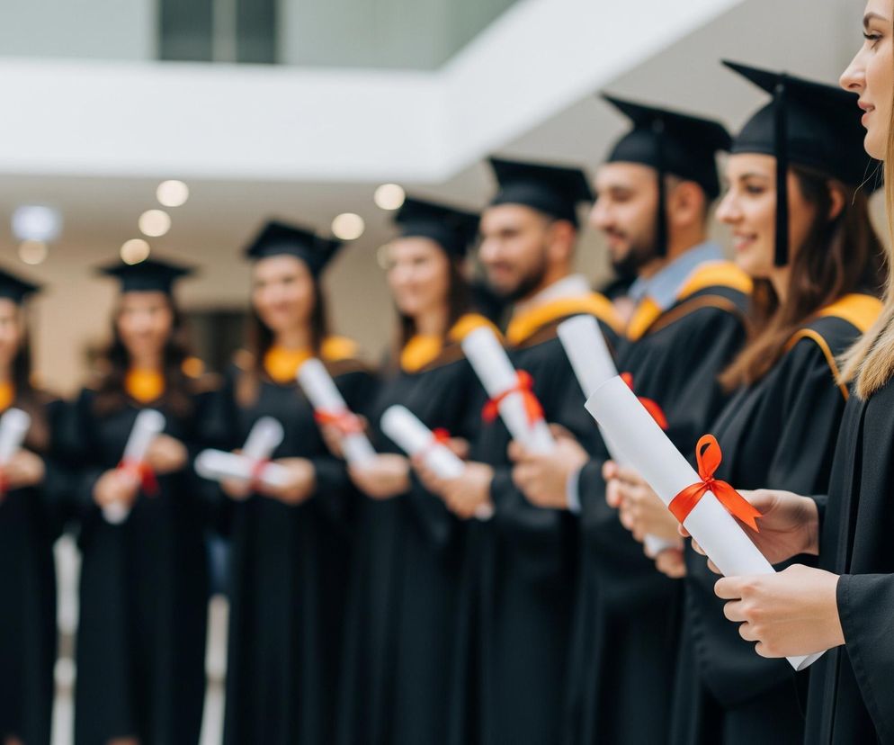 Grupa studentów w togach i czapkach absolwentów stoi w rzędzie, z których większość trzyma zwinięte dyplomy przewiązane czerwoną wstążką. Kobieta na pierwszym planie po prawej stronie ma długie, jasnobrązowe włosy i czarną togę z pomarańczowymi akcentami na ramionach; uśmiecha się, patrząc w prawo, i trzyma dyplom obiema rękami. Twarze większości osób są zwrócone w prawo lub prosto, a ich sylwetki stają się coraz bardziej rozmyte w tle. Tło jest jasne, sugerując wnętrze budynku z rozmytymi źródłami światła.