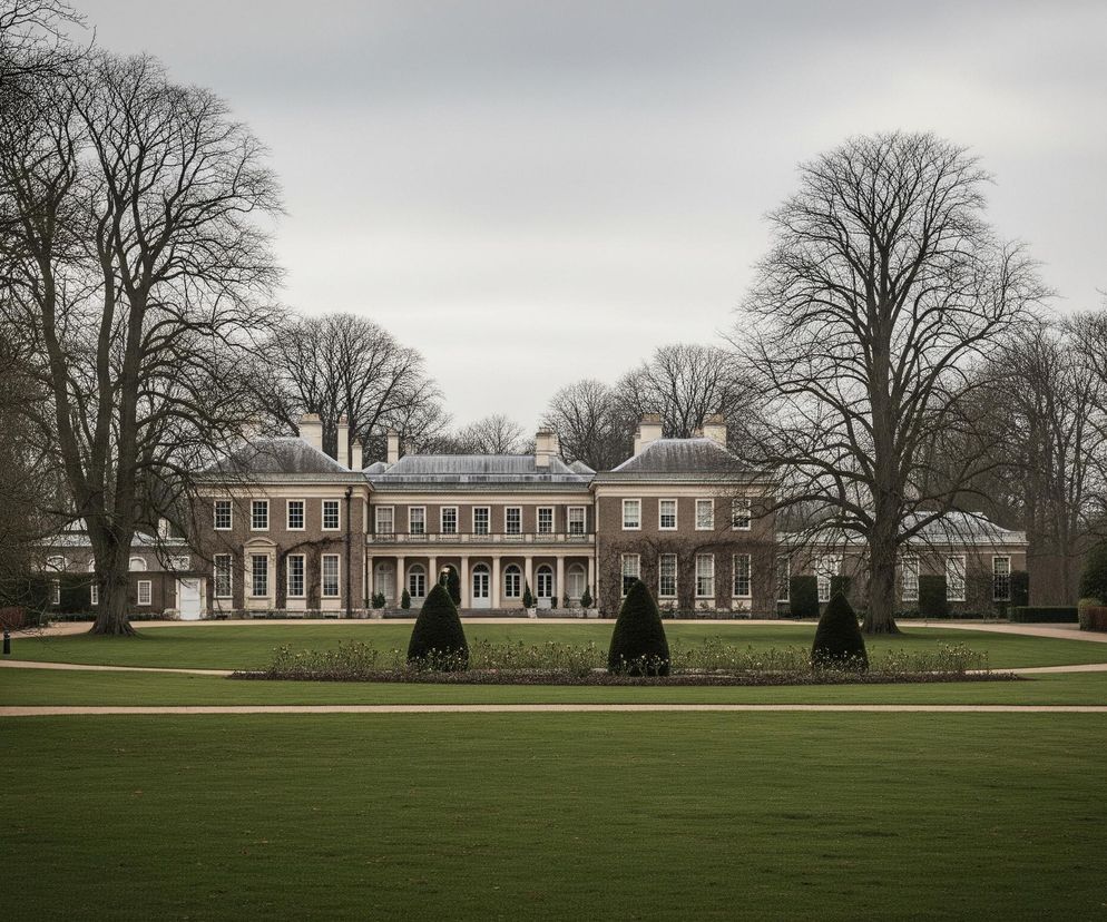 Duży, symetryczny budynek o ceglanych ścianach i licznymi oknami z białymi ramami dominuje w centrum obrazu, otoczony rozległym zielonym trawnikiem. Przed budynkiem, na trawniku, znajduje się ozdobny rabat kwiatowy z trzema stożkowymi krzewami. Po obu stronach trawnika widać nagie drzewa o rozłożystych konarach, a w tle rozpościera się szare, zachmurzone niebo.
