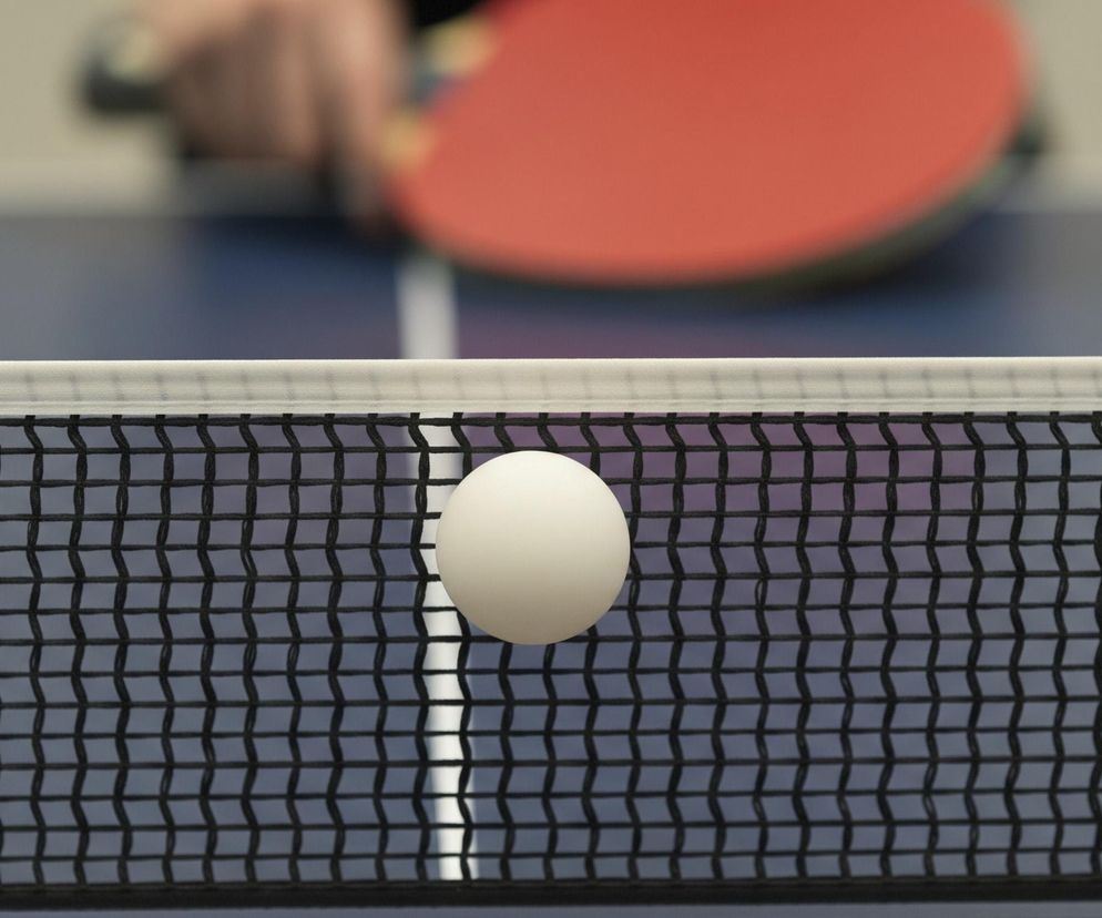 Biała piłeczka pingpongowa zawieszona jest centralnie na wysokości czarnej siatki do tenisa stołowego, której górna krawędź ma biały pas. Za siatką widać niebieski blat stołu, a w tle, rozmazana, widoczna jest czerwona rakietka trzymana przez niewyraźną dłoń. Całość utrzymana jest w stonowanych kolorach.