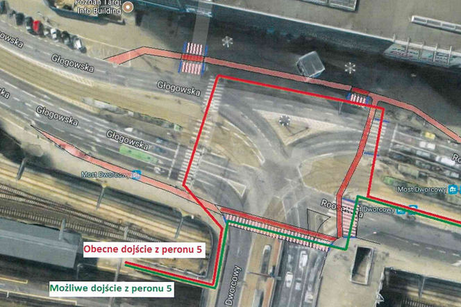 Planowane przejście dla pieszych (zielona linia) w rejonie mostu Dworcowego