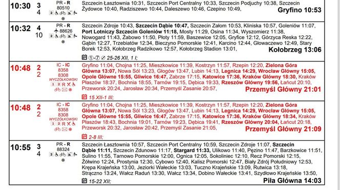 Rozkład jazdy dla stacji Szczecin Główny na zimę 2024/2025