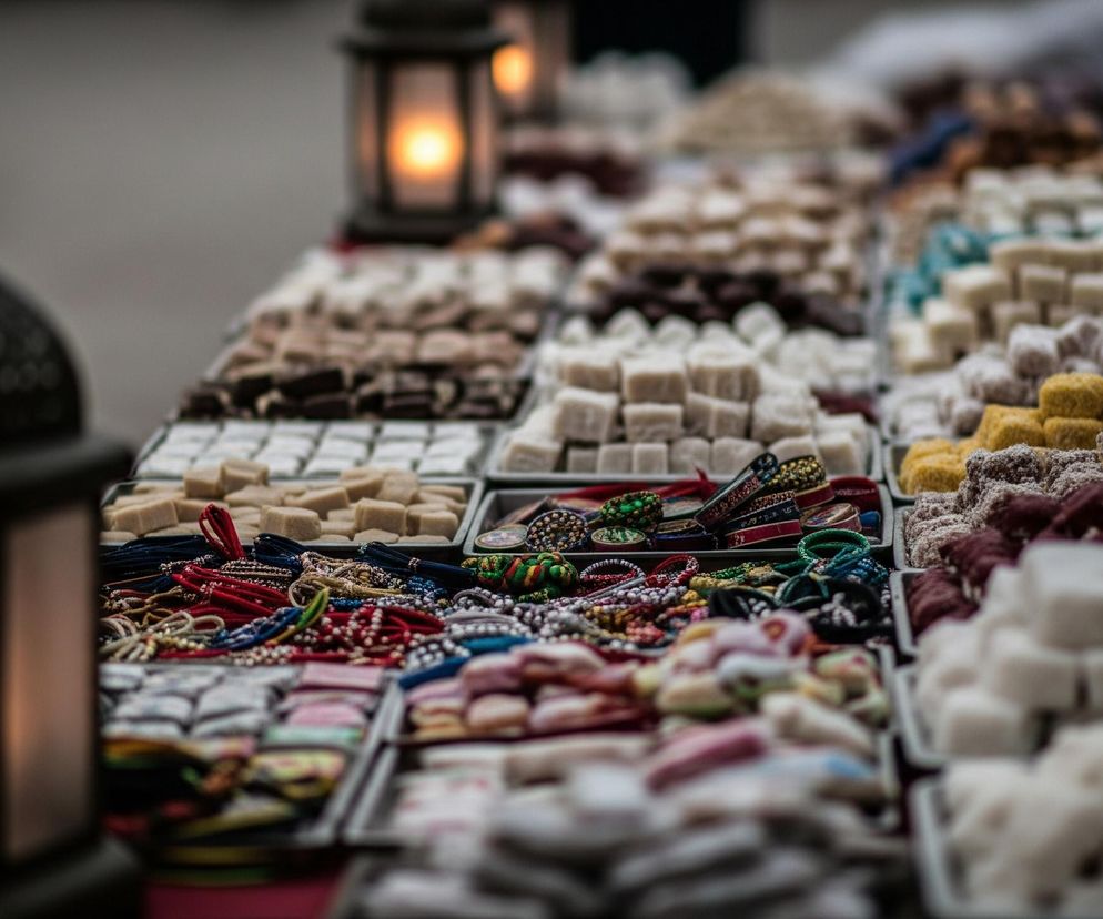 Na pierwszym planie, po lewej stronie, stoi rozmyta, ciemna latarnia z widocznym wewnątrz jaskrawo pomarańczowym płomieniem. Po prawej stronie, nieco dalej, widoczna jest kolejna, również ciemna latarnia z równie jasnym płomieniem. Między latarniami, w tle, rozciąga się stół wypełniony różnorodnymi słodyczami i drobnymi przedmiotami. Dominują rzędy jasnych, kwadratowych kostek, ułożone w stosy, oraz kolorowe cukierki i biżuteria.