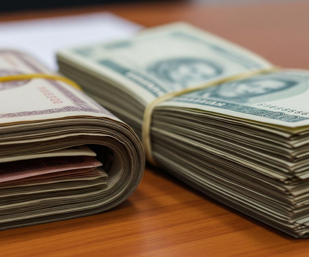 Na drewnianym, brązowym blacie leżą dwa grube pliki banknotów, każdy przewiązany żółtą gumką recepturką. Lewy plik składa się z banknotów w odcieniach beżu i fioletu, z wyraźnym cyframi 00 oraz kilkoma czerwonymi banknotami widocznymi z boku. Prawy plik zawiera banknoty w kolorze jasnozielonym i białym, z portretami na ich powierzchni i wyraźnym napisem 100 oraz numerami seryjnymi. Tło obrazu jest rozmyte, ukazując jaśniejsze elementy, takie jak kawałek białej kartki i ciemniejszy przedmiot w prawym górnym rogu.