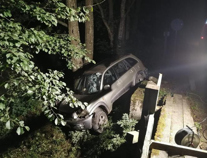 Poważny wypadek w Borkach. Samochód uderzył w barierę mostu i spadł do rowu [ZDJĘCIA]