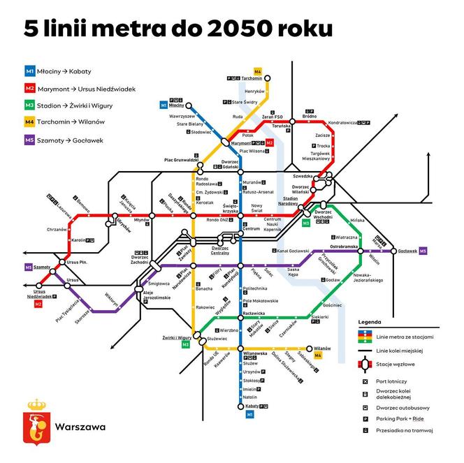 Mapa planowanej sieci metra w Warszawie