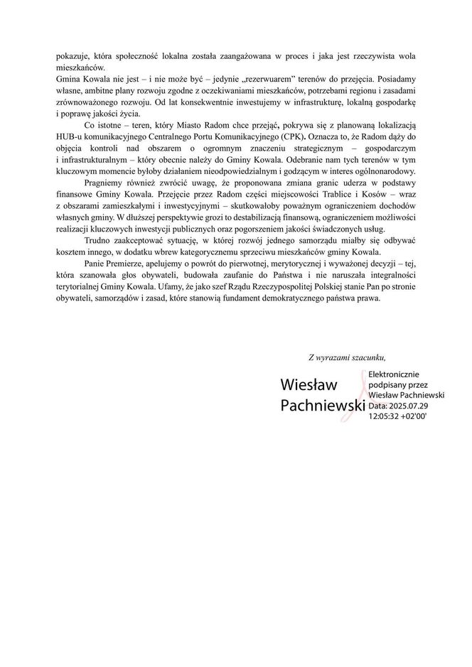 List otwarty wójta Wiesława Pachniewskiego do Prezesa Rady Ministrów