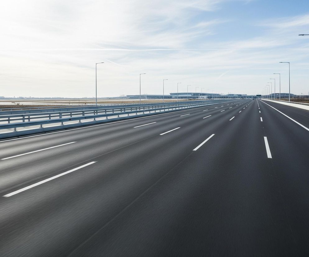 Pusta, wielopasmowa autostrada rozciąga się w głąb obrazu, podzielona na dwa kierunki ruchu. Po lewej stronie widać pięć pasów jezdni z białymi przerywanymi liniami, a po prawej stronie cztery pasy z podobnymi oznaczeniami. Między pasami ruchu znajduje się wąski pas zieleni lub nieużytków, oddzielony od jezdni białymi barierami betonowymi i metalowymi barierkami ochronnymi po obu stronach.

Wzdłuż autostrady, po obu stronach, rozmieszczone są wysokie, smukłe latarnie uliczne, ciągnące się w dal i stające się coraz mniejsze wraz z perspektywą. Horyzont po lewej stronie obrazu zajmują odległe budynki i obiekty przemysłowe, a po prawej stronie widać szereg nagich drzew i krzewów. Niebo jest częściowo zachmurzone, z błękitnymi plamami i smugami chmur, przechodzącymi w jaśniejszy, mleczny odcień w kierunku horyzontu.