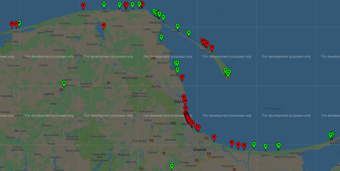 Kąpieliska (czerwone - zamknięte / zielone - otwarte)