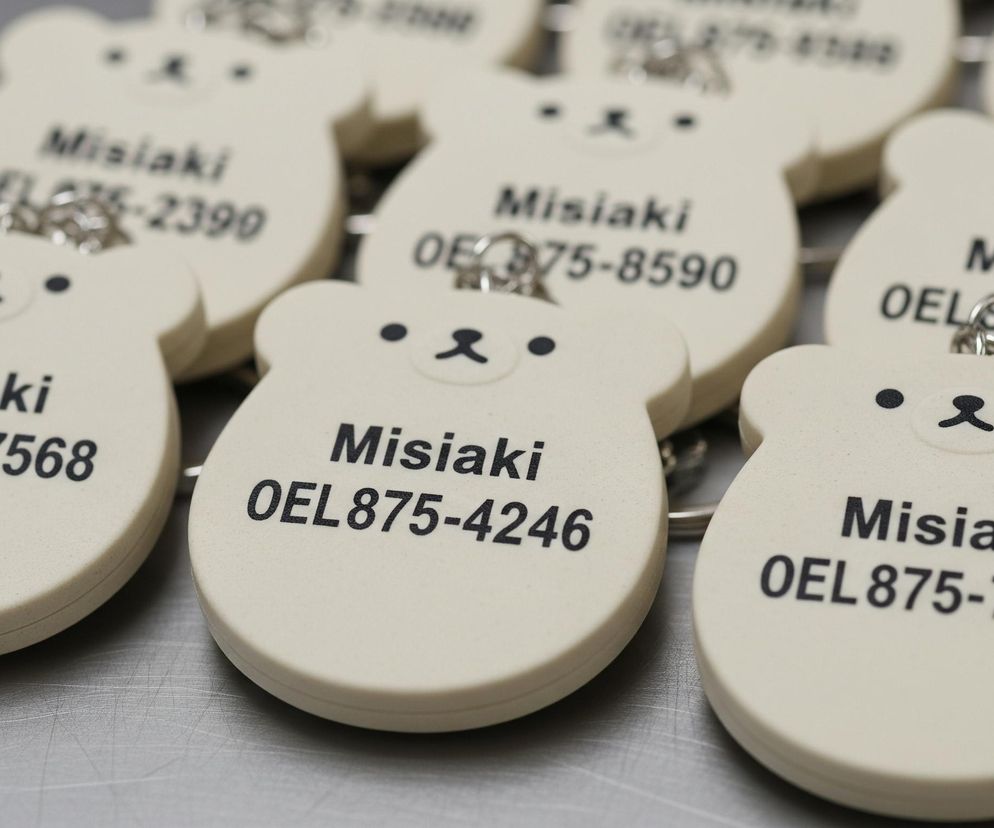 Wiele identycznych, beżowych identyfikatorów w kształcie głowy misia, rozłożonych na metalowej powierzchni. Każdy identyfikator ma u góry czarny minimalistyczny wizerunek pyszczka misia złożony z dwóch kropek jako oczu i poziomej kreski z krótką pionową linią jako nosa i ust. Poniżej znajduje się czarny napis Misiaki, a pod nim OEL875- i czterocyfrowy numer, różniący się na każdym identyfikatorze. Na każdym z nich widoczne jest metalowe kółko służące do przypinania. Identyfikatory w prawym górnym rogu obrazu są rozmyte, podczas gdy te na dole i po lewej stronie są ostre.