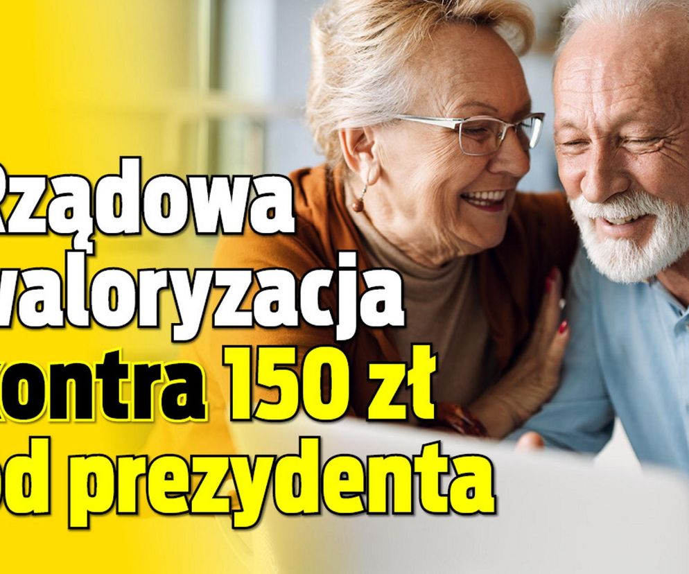 Uśmiechnięta para starszych osób przegląda coś na laptopie, symbolizując seniorów analizujących swoje finanse. Obok nich widnieje biało-żółty napis Rządowa waloryzacja kontra 150 zł od prezydenta, co podkreśla dylemat waloryzacji emerytur. O temacie możesz przeczytać na Super Biznes.