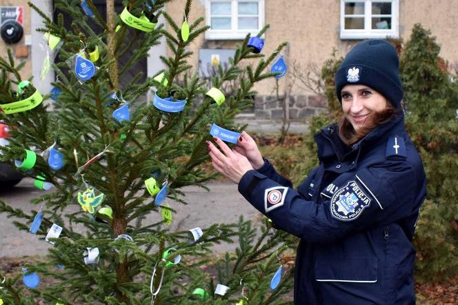 Pod Komendą Miejską Policji w Olsztynie stanęła oryginalna choinka. Każdy może ją "rozebrać" [ZDJĘCIA]