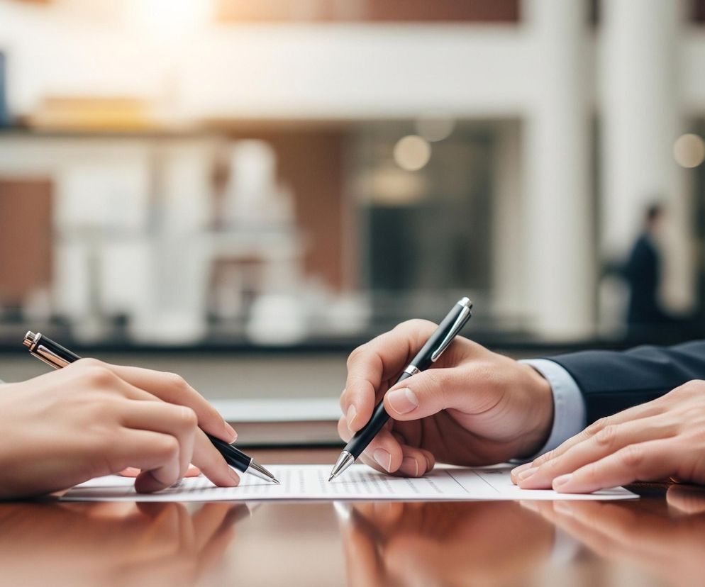 Dwie osoby w garniturach siedzą przy brązowym stole, skupiając się na dokumencie leżącym przed nimi. Ręka po prawej stronie trzyma czarny długopis z metalowym wykończeniem, pisząc na białej kartce. Druga ręka, po lewej stronie, również trzyma długopis i wskazuje na fragment tekstu. W tle widać rozmyte wnętrze biura z regałem i filarami.