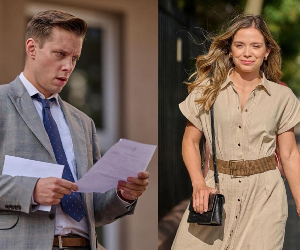 Michał Mikołajczak jako Darek i Katarzyna Gałązka jako Kalina w serialu Na Wspólnej. Darek z niedowierzaniem patrzy na dokumenty, zaś Kalina uśmiecha się patrząc wprost. Więcej o ich losach na stronie Super Seriale.