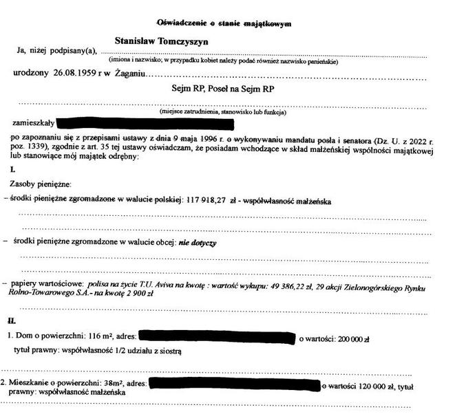 Fragment oświadczenia majątkowego