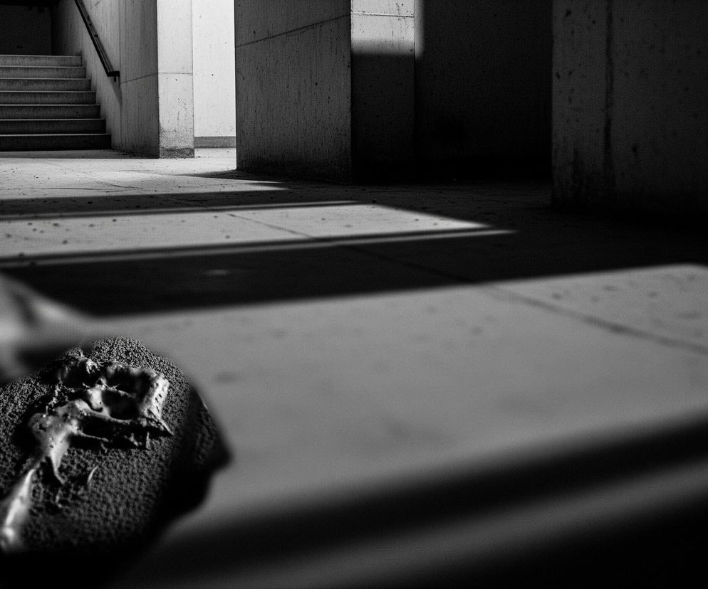 Obraz utrzymany jest w czarno-białej tonacji, przedstawiając wnętrze betonowego korytarza lub przejścia. Po lewej stronie w głębi widoczne są schody prowadzące w górę, z widocznym fragmentarycznie ciemnym uchwytem poręczy. Korytarz charakteryzuje się surową architekturą z ostrymi krawędziami i cieniami rzucanymi przez światło wpadające z prawej strony, tworząc długie, ukośne pasy ciemności na podłodze.

Na pierwszym planie, w dolnej części obrazu, znajduje się rozmyty, owalny obiekt z chropowatą teksturą, na którym widoczne są nieregularne, jaśniejsze plamy. Całość tworzy wrażenie industrialnego lub surowego otoczenia, z grą światła i cienia, podkreślającą tekstury betonu i pustkę przestrzeni.