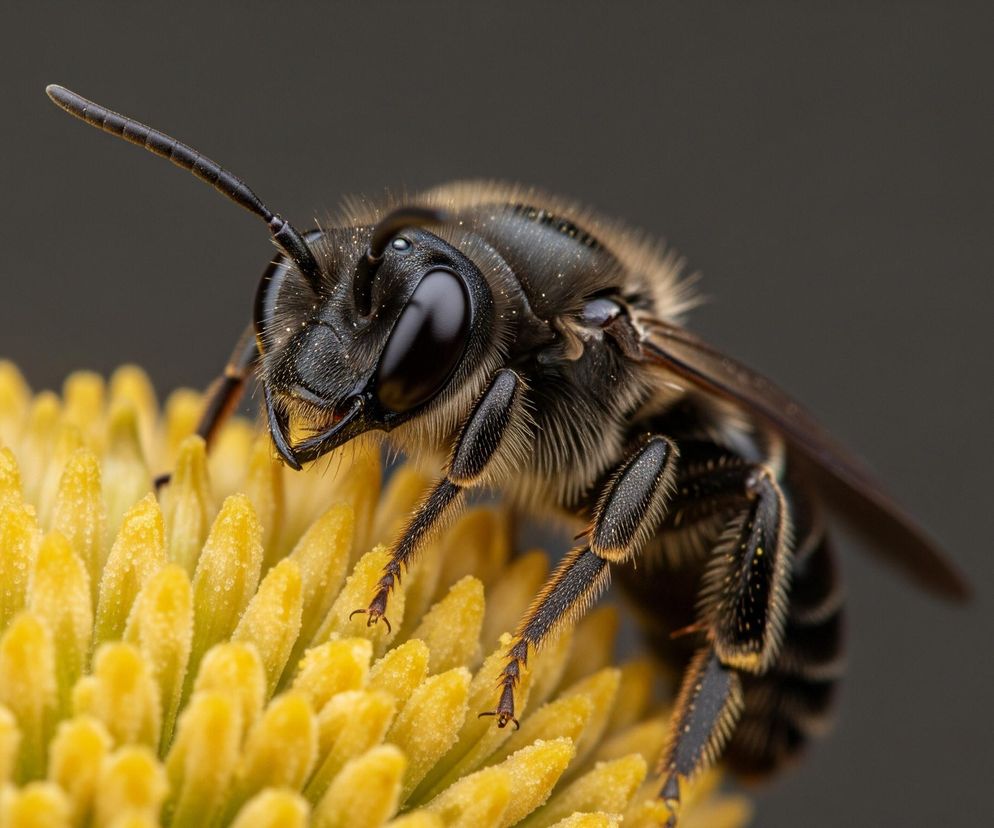 Duża, ciemna pszczoła z błyszczącymi, czarnymi oczami i brązowym, owłosionym ciałem, stoi na intensywnie żółtych, stożkowatych strukturach, które pokryte są drobnymi, białymi cząstkami. Przednia część jej ciała, w tym głowa i tułów, jest w ostrej ostrości, ukazując wyraźne włoski i drobinki pyłku na głowie, podczas gdy tylna część ciała i skrzydła są lekko rozmyte. Tło jest jednolite, ciemnoszare i nieostre.