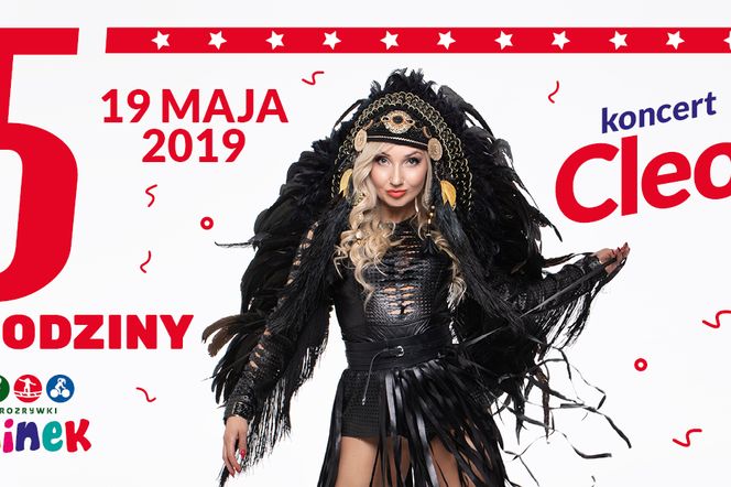 Plakat informujący o 5. urodzinach Parku Rozrywki Julinek z wizerunkiem piosenkarki Cleo w czarnym, stylizowanym stroju z piórami. Na plakacie widnieje data 19 maja 2019 oraz logo parku. Więcej o wydarzeniu na portalu Poradnik Zdrowie.