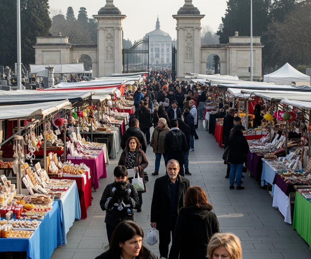 Długi, wąski deptak, otoczony po obu stronach straganami targowymi, jest główną osią tego zdjęcia. Stragany pokryte są białymi, płóciennymi dachami, a ich lady, różnokolorowe, obfitują w różnorodne towary, od słodyczy po biżuterię i bibeloty. Między straganami przemieszcza się gęsty tłum ludzi, którzy oglądają towary i idą w kierunku monumentalnej, jasnej bramy, za którą w oddali widać kopulasty budynek. Po obu stronach deptaka, za straganami, rozciąga się cmentarz z licznymi nagrobkami i wysokimi drzewami o ciemnych koronach.