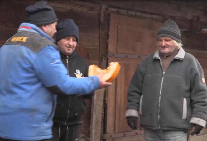 Rolnicy. Podlasie. Karmienie zwierzą dyniami i sianem. Gienek docinał Sławkowi