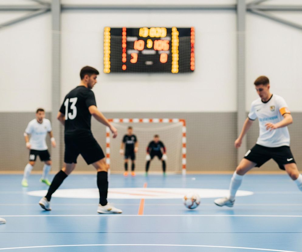 Mecz piłki nożnej halowej rozgrywa się na niebieskim boisku z białymi liniami. Pięciu zawodników w czarnych strojach i dwóch w białych, wraz z bramkarzem w czarnym stroju, widoczni są na boisku. W centrum kadru, zawodnik w białym stroju z czarnymi spodenkami kontroluje piłkę, obok niego stoi zawodnik w czarnym stroju z numerem 13 na plecach. Na dalszym planie znajduje się cyfrowa tablica wyników wyświetlająca pomarańczowe i czerwone cyfry, a pod nią stoi bramka z pomarańczowo-białymi słupkami.