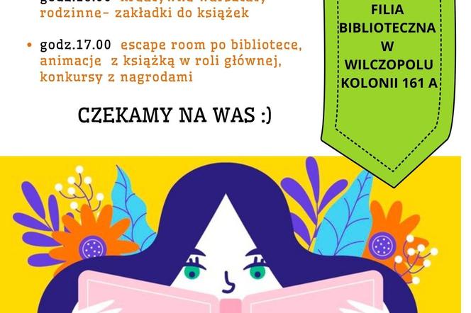 Plakat promujący Światowy Dzień Książki w Filii Bibliotecznej w Wilczopolu Kolonii