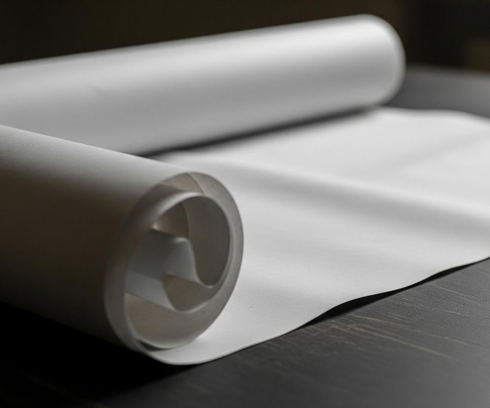 Rolka jasnego, gładkiego materiału rozciąga się w prawo na ciemnym, teksturowanym blacie. Lewa część rolki jest widoczna, ukazując jej zwinięty koniec z pustym rdzeniem. Materiał ma jednolity, szary odcień z delikatnymi cieniami podkreślającymi jego fakturę i formę. Blat, na którym leży materiał, ma ciemnoszary kolor i wyraźną, poziomą fakturę drewna, a jego lewa krawędź jest ciemniejsza.