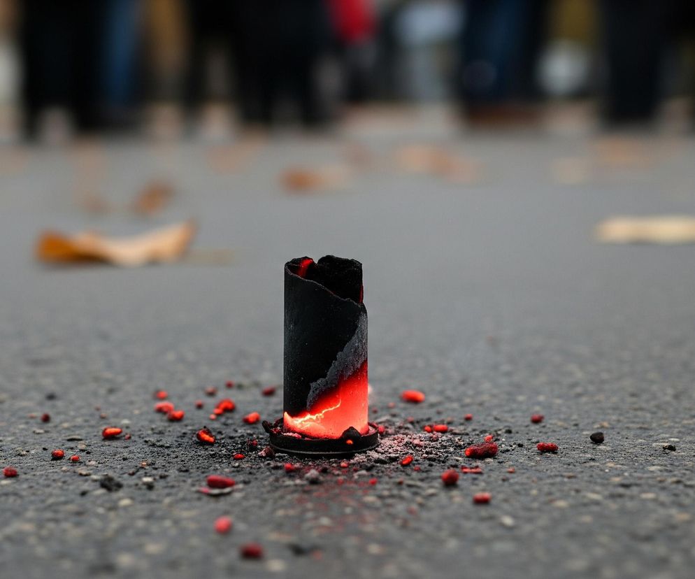 Pionowy, częściowo spalony czarny przedmiot w kształcie walca, stojący na szarym, asfaltowym podłożu, dominuje centralną część kadru. W dolnej części walca widoczna jest intensywnie pomarańczowo-czerwona poświata, a jego krawędzie są poszarpane i nierówne. Wokół podstawy przedmiotu oraz na pobliskim asfalcie rozsypane są małe, czerwone drobinki, niektóre przypominające spalone resztki, oraz szary pył. W tle, rozmyte postacie ludzi stoją na dalszym planie, a na ziemi leżą pojedyncze, suche liście o jesiennych barwach.