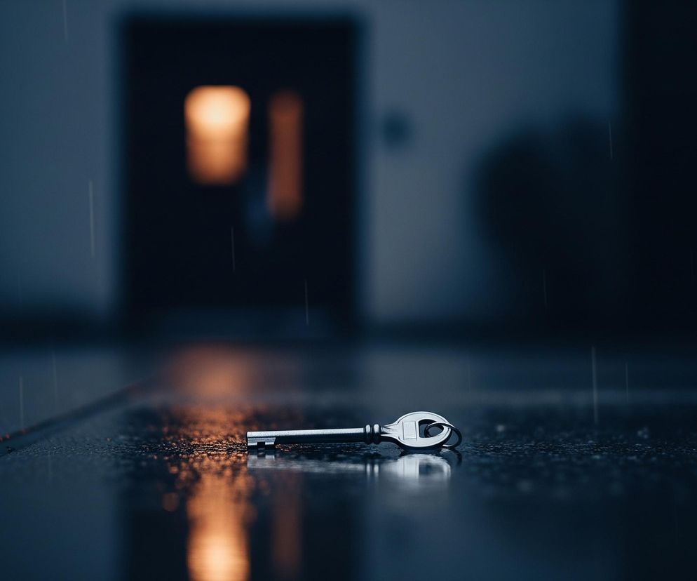 Srebrny klucz leży na ciemnej, mokrej powierzchni, prawdopodobnie chodniku lub posadzce, widocznej na pierwszym planie. Powierzchnia ta odbija światło, tworząc lśniące plamy, zwłaszcza w okolicach klucza. W tle, rozmyte i nieostre, widoczne są ściany w odcieniach szarości i ciemne otwory drzwiowe, z których jeden, po lewej stronie, emanuje ciepłym, pomarańczowym światłem. Na całej scenie widoczne są pojedyncze, cienkie linie sugerujące padające krople deszczu.