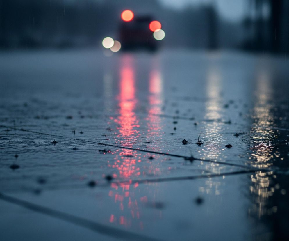 Na pierwszym planie widoczna jest mokra powierzchnia, prawdopodobnie asfaltu lub chodnika, z licznymi kroplami deszczu tworzącymi drobne odbicia i rozbryzgi. Na powierzchni widać linie podziału, sugerujące ułożenie płyt chodnikowych lub krawężnika, na których odbijają się rozmyte światła w oddali. Czerwone światła, przypominające tylne lampy samochodu, dominują w tle i odbijają się intensywnie w kałużach, wraz z jaśniejszymi, białymi lub żółtymi światłami po prawej stronie. Tło jest nieostre, ciemne, z ledwo zarysowanymi kształtami budynków lub drzew, pogrążone w mroku deszczowego wieczoru.
