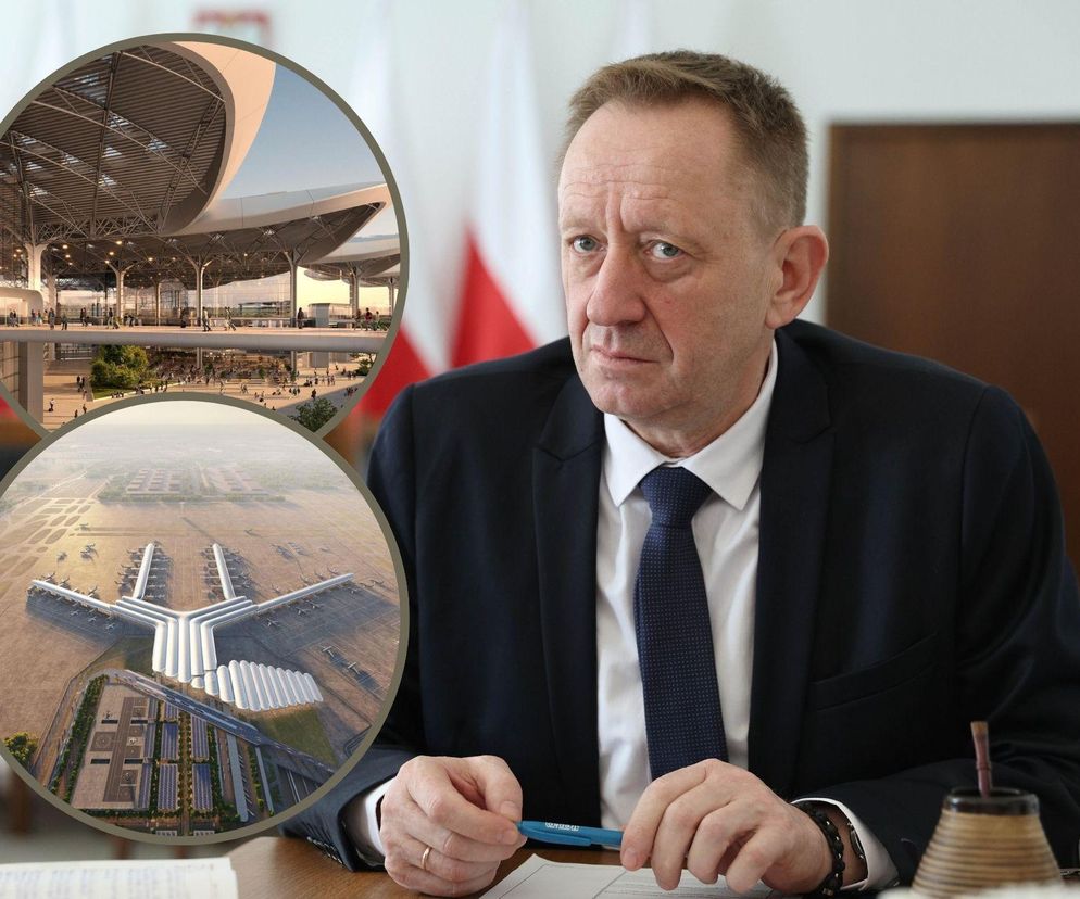 Portret Marcina Horały, byłego pełnomocnika rządu ds. CPK, w tle wizualizacje projektu lotniska i jego otoczenia, symbolizujące kontrowersje wokół afery gruntowej. O tej i innych ważnych sprawach przeczytasz na Super Biznes.