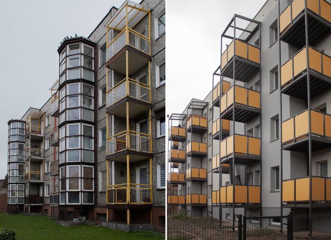 Blok przy Fredry 7 w Katowicach przed i po termomodernizacji