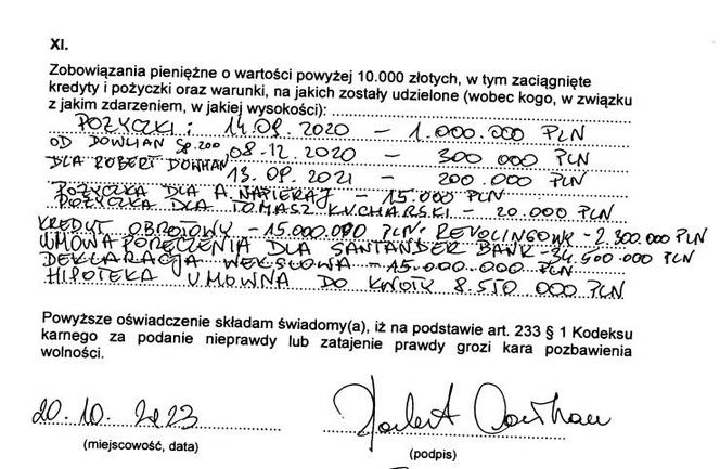 Fragment oświadczenia majątkowego