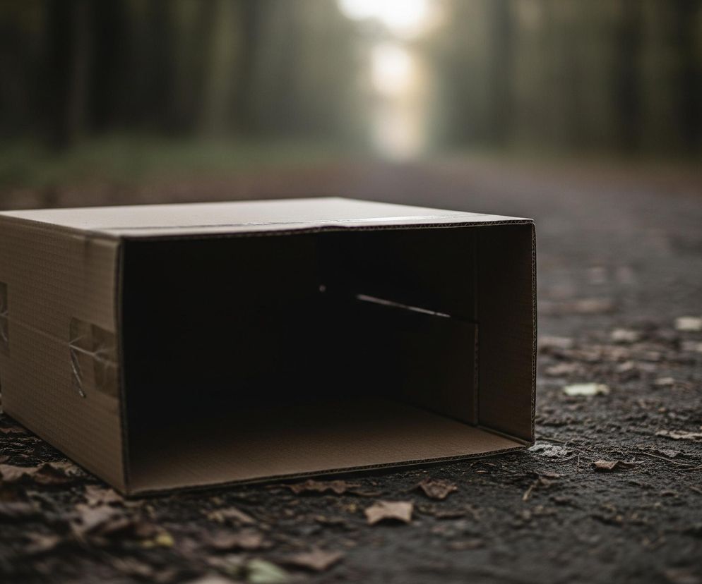 Kartonowe pudełko w naturalnym, brązowym kolorze leży na ziemi, zajmując środek kadru. Jest otwarte z jednej strony, odsłaniając ciemne wnętrze, i sprawia wrażenie przewróconego na bok. Ziemia wokół pudełka pokryta jest ciemnymi liśćmi i gałęziami, co wskazuje na leśne otoczenie. W tle widać niewyraźne, ciemnozielone sylwetki drzew, a na horyzoncie przebija się jasne światło, tworząc efekt zamglonej perspektywy.