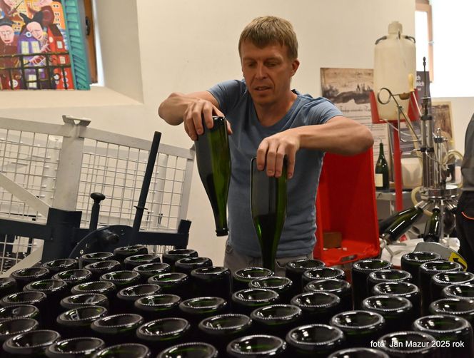 Marcin Furtak podczas pracy przy winach musujących. W Winnicy Saganum wina tworzone metodą tradycyjną (szampańską) dojrzewają na osadzie drożdżowym od 18 do 36 miesięcy.