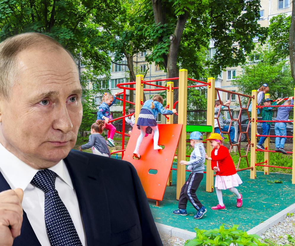 Zakrwawiony Putin atrakcją placu dla dzieci. Siedzi na maleńkim czołgu