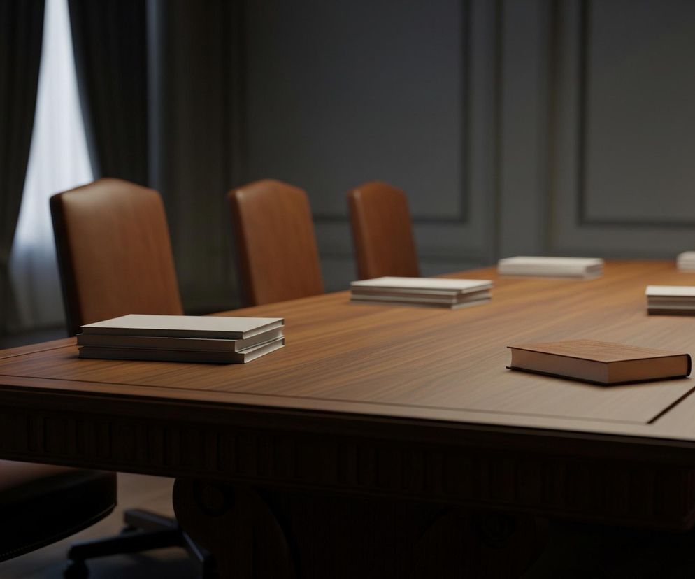 Wnętrze przedstawia duży, drewniany stół konferencyjny otoczony brązowymi skórzanymi krzesłami z wysokimi oparciami. Na blacie stołu leżą ułożone w stosy białe książki, a także jedna pojedyncza brązowa książka. Pomieszczenie jest słabo oświetlone, z naturalnym światłem wpadającym przez okno z lewej strony, za zasłonami w ciemnym kolorze. Ściany za stołem posiadają ozdobne panele w ciemnoszarym odcieniu.