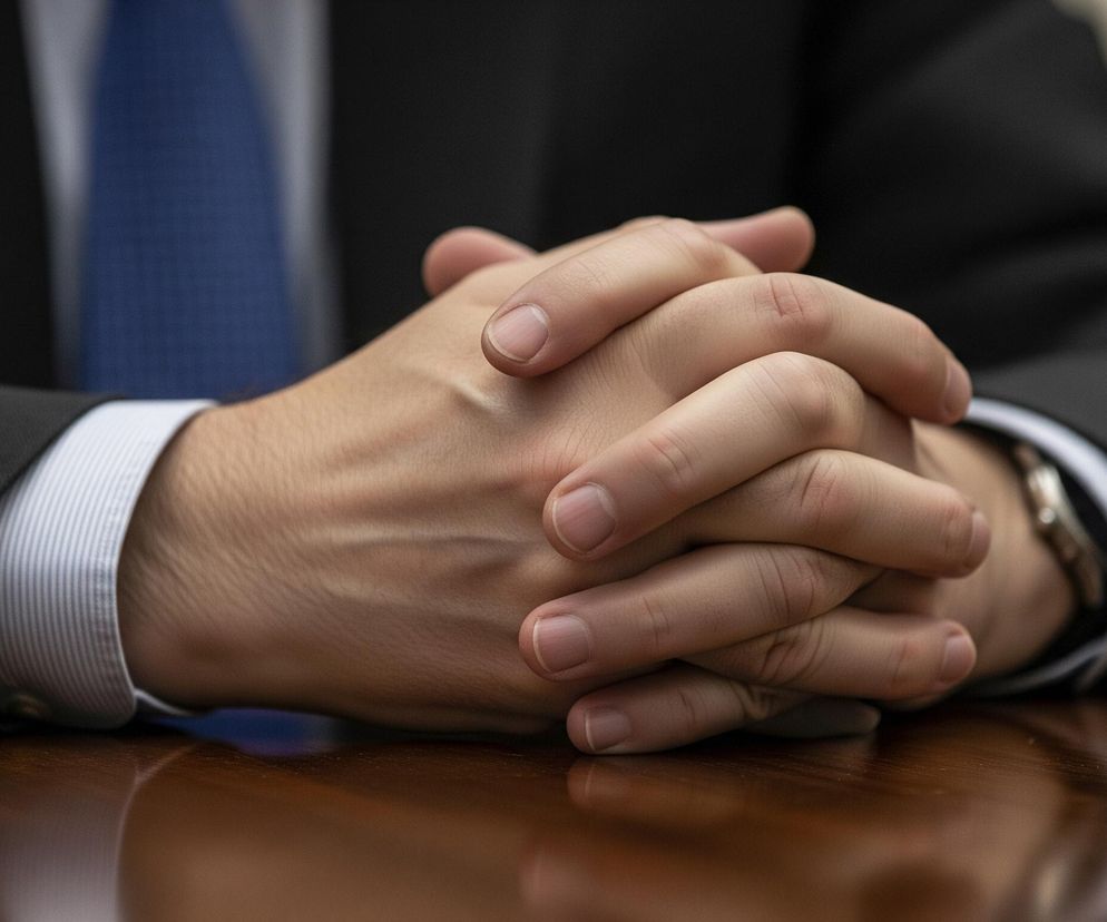 Męskie dłonie z połączonymi palcami leżą na błyszczącym, drewnianym blacie, dominując centrum kadru. Noszący czarny garnitur i białą koszulę z cienkimi, pionowymi paskami, mężczyzna ma również na sobie niebieski krawat, częściowo widoczny po lewej stronie. Na prawym nadgarstku widać srebrny zegarek z okrągłą tarczą. Tło jest nieostre, skupiając uwagę na dłoniach i ich refleksach na powierzchni stołu.