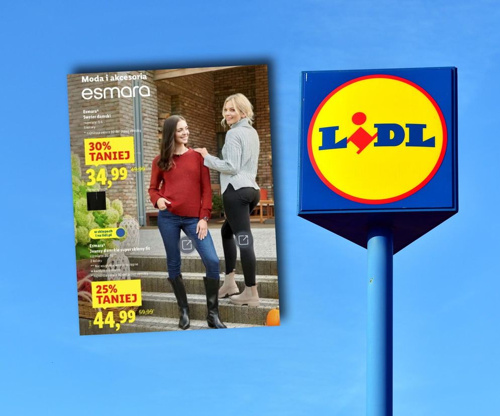Słup z szyldem sklepu Lidl na tle błękitnego nieba oraz gazetka reklamowa Esmara z dwiema kobietami prezentującymi jesienną kolekcję ubrań, w tym swetry i jeansy w promocyjnych cenach. Ofertę i inne promocje znajdziesz na Super Biznes.