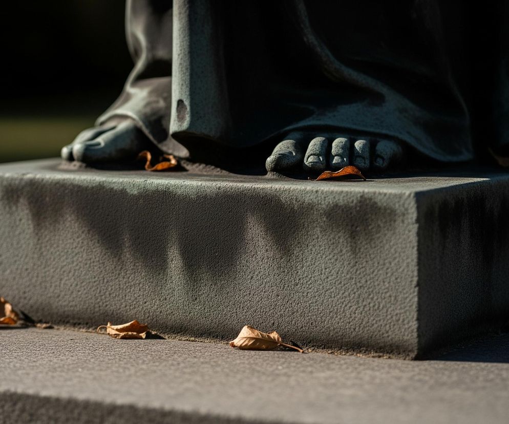 Na pierwszym planie widoczne są stopy rzeźby, wykonane z ciemnoszarego materiału, prawdopodobnie brązu lub kamienia, stojące na płaskiej, prostokątnej podstawie o ziarnistej fakturze. Stopy są częściowo zakryte fałdami szaty, również wykonanej z tego samego materiału. Pomiędzy stopami i w ich pobliżu leżą pojedyncze, suche, brązowe liście, dodające scenie jesiennego charakteru. Tło jest rozmyte, ukazując ciemne, niewyraźne kształty i zielonkawe odcienie, sugerujące trawiasty teren i drzewa.