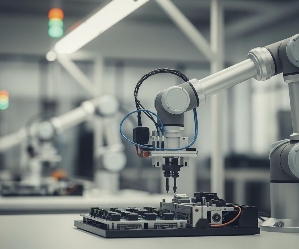 Głównym elementem obrazu jest srebrno-szare ramię robota przemysłowego, wyposażone w oprzyrządowanie do precyzyjnego montażu. Robot pochyla się nad czarną płytą obwodu drukowanego, na której widoczne są liczne zielone i czarne komponenty elektroniczne. W tle, rozmyte, widoczne są inne podobne ramiona robotów oraz jasne oświetlenie sufitowe i kolorowe lampki sygnalizacyjne, co wskazuje na środowisko produkcyjne lub laboratoryjne.