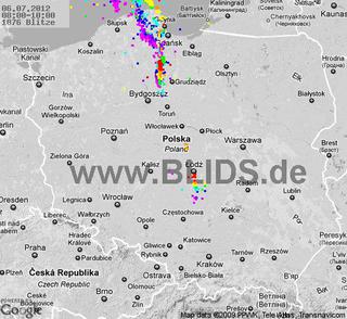 Burze w Polsce 6.07.2012 - MAPKA z godz. 8-10