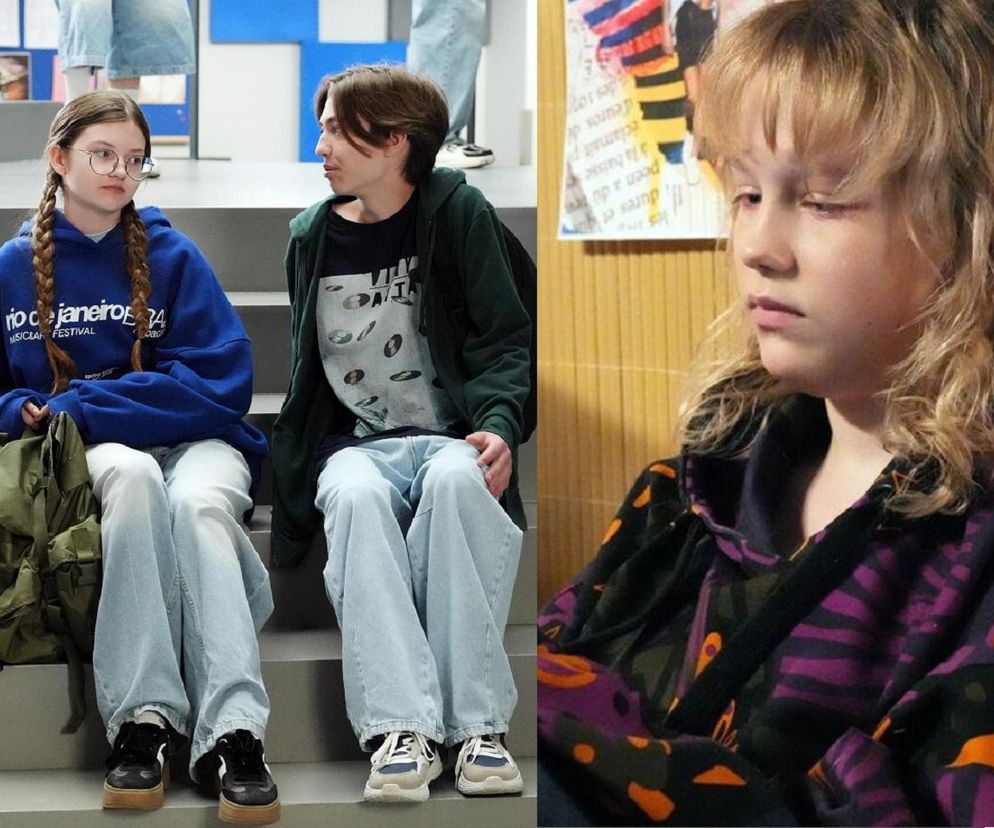 Emilka (Jessica Frankiewicz) i Emil (Artem Malaszczuk) siedzący na schodach w szkole oraz Pola (Gabriela Szewczyk) w fioletowej bluzie z kapturem, patrząca smutno w bok. Zazdrosna Emilka chce walczyć o Emila, o czym przeczytasz więcej na Super Seriale.