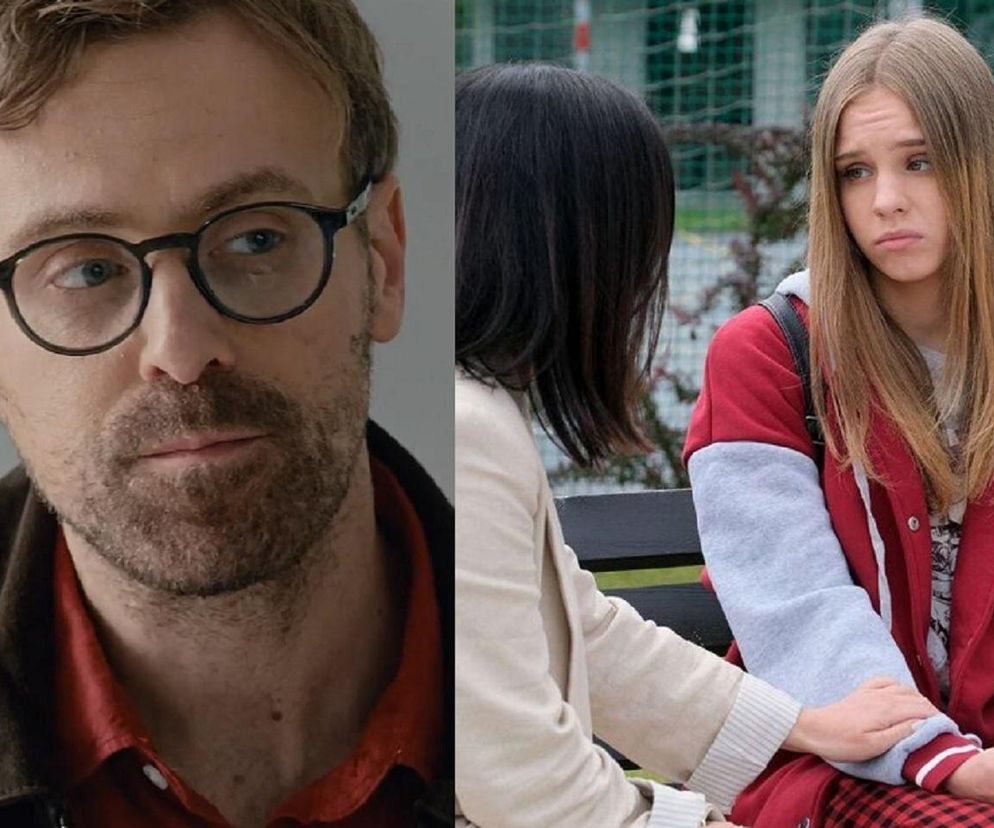 Złożone zdjęcie przedstawiające portret Darka Hoffmana (Mateusz Rusin) z serialu M jak miłość oraz, obok, scenę rozmowy Kingi Zduńskiej (Katarzyna Cichopek) z Sarą (Nadia Smyczek), gdzie Kinga pociesza Sarę, trzymając ją za ręce. Więcej o ich losach na Super Seriale.