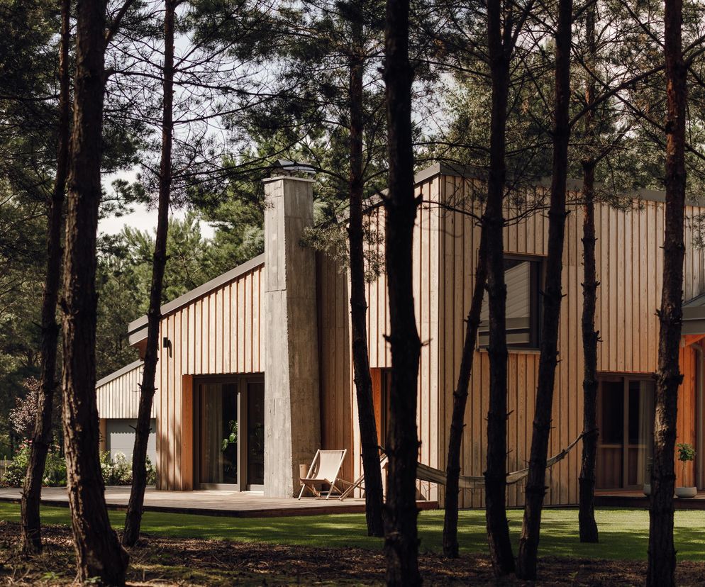 Nowoczesny dom jednorodzinny w lesie, wykonany z drewna i betonu, z dużymi przeszkleniami, otoczony sosnami. Obok domu taras z leżakiem i hamakiem, widoczne zielone trawniki. To zgłoszenie do konkursu Życie w Architekturze, o czym przeczytasz na portalu Architektura Murator Plus.