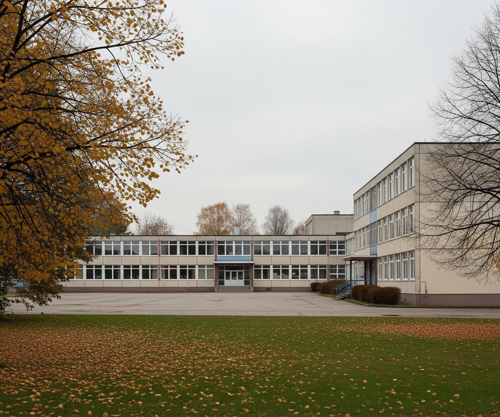 Centralną część obrazu zajmuje beżowy budynek z licznymi prostokątnymi oknami, niektóre z nich są otwarte. Przed budynkiem rozciąga się duży, asfaltowy plac, a bliżej, na pierwszym planie, zielony trawnik pokryty opadłymi, brązowo-żółtymi liśćmi. Po lewej stronie kadru dominuje drzewo z jesiennymi, intensywnie żółtymi liśćmi, natomiast po prawej stronie widać dwa drzewa o ciemnych, nagich gałęziach. Pochmurne, jasnoszare niebo stanowi tło dla całego pejzażu, nadając mu nieco melancholijny charakter.
