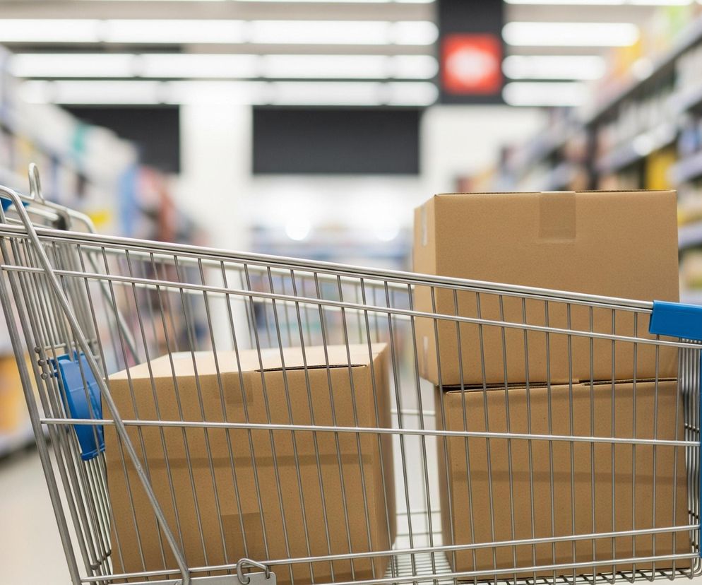 Chromowany wózek sklepowy z niebieskimi uchwytami wypełniony jest trzema kartonowymi pudłami. Wózek znajduje się w alejce sklepu, z rozmazanymi regałami pełnymi produktów po obu stronach. Na końcu alejki widać czerwony kwadratowy znak z niewyraźnym białym symbolem. Oświetlenie sufitowe jest jasne, a podłoga jasna, co tworzy wrażenie dużej przestrzeni.